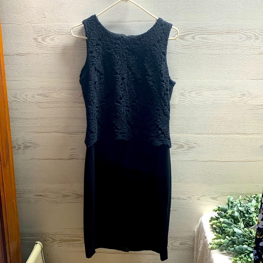 Talbots black sleeveless midi cocktail dress. Lace flower top. Size 12